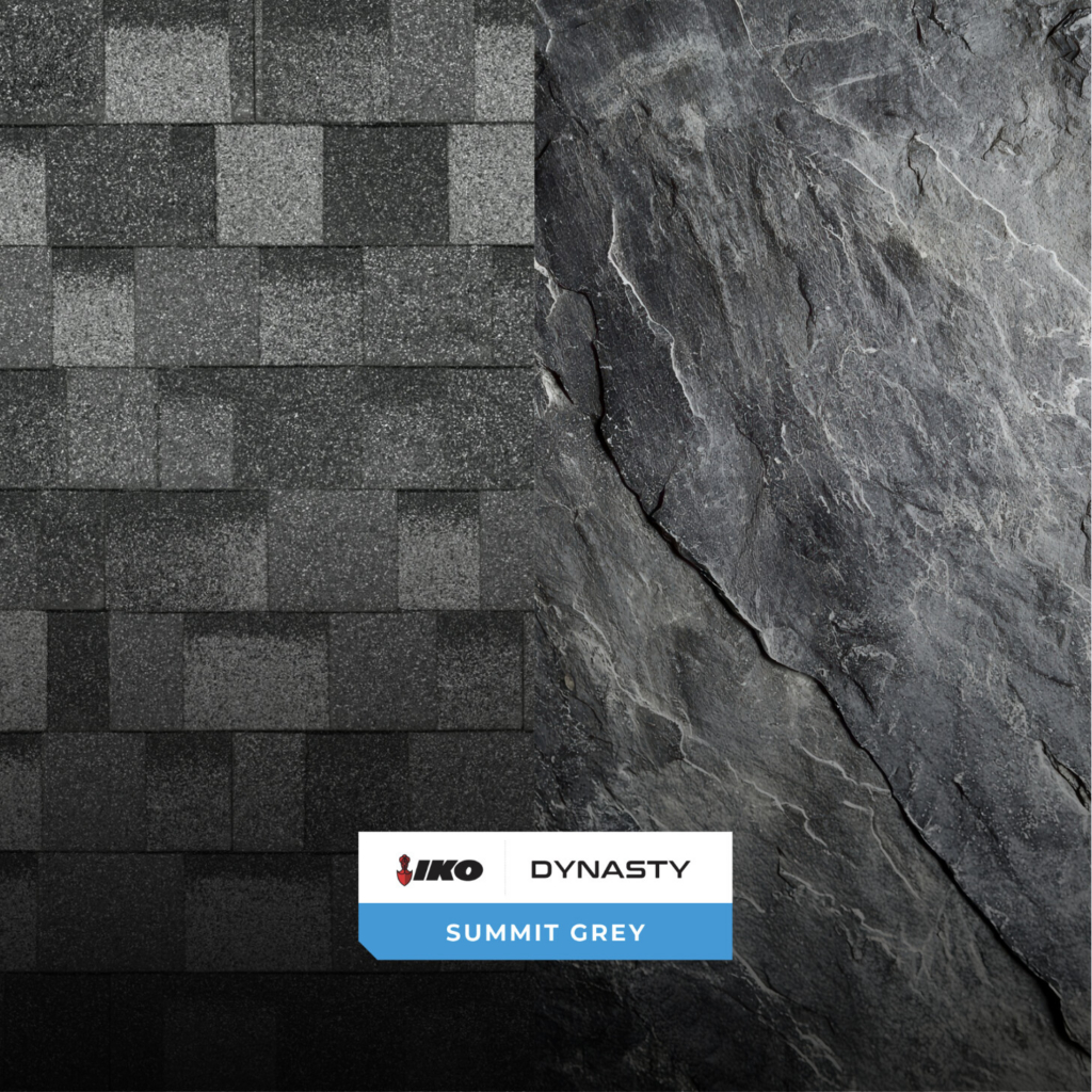 &Eacute;chantillon de couleur de bardeau d&rsquo;asphalte Gris sommet Dynasty(MD) de IKO associ&eacute; &agrave; une texture de pierre naturelle.