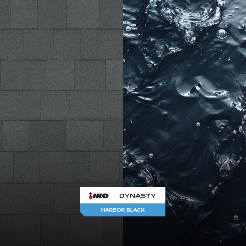 &Eacute;chantillon de bardeaux d&rsquo;asphalte Noir portuaire Dynasty(MD) Cool Colors(MC) Plus de IKO pr&egrave;s d&rsquo;un cours d&rsquo;eau &agrave; l&rsquo;ombre.