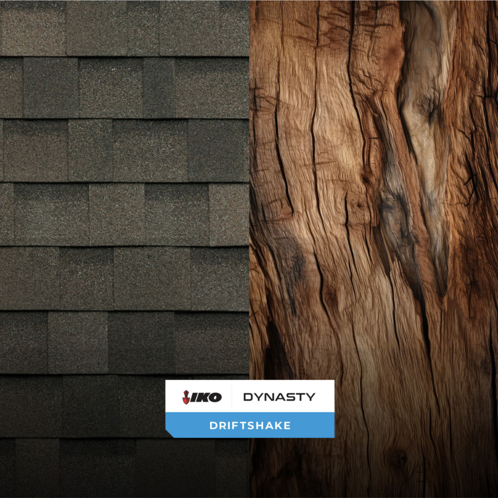 &Eacute;chantillon de couleur de bardeau d&rsquo;asphalte Bois de rivage Dynasty(MD) de IKO associ&eacute; &agrave; une texture inspir&eacute;e du bois.