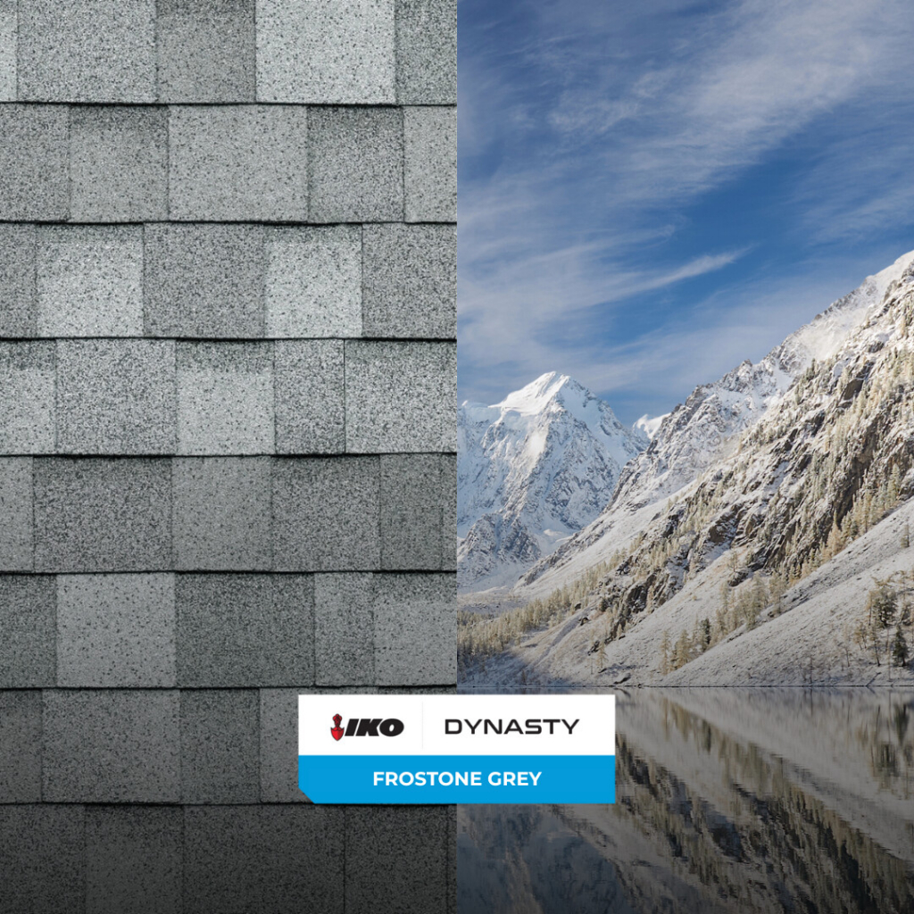 &Eacute;chantillon de couleur de bardeau d&rsquo;asphalte Gris givr&eacute; Dynasty(MD) de IKO associ&eacute; &agrave; un paysage de montagne saupoudr&eacute;e de neige.