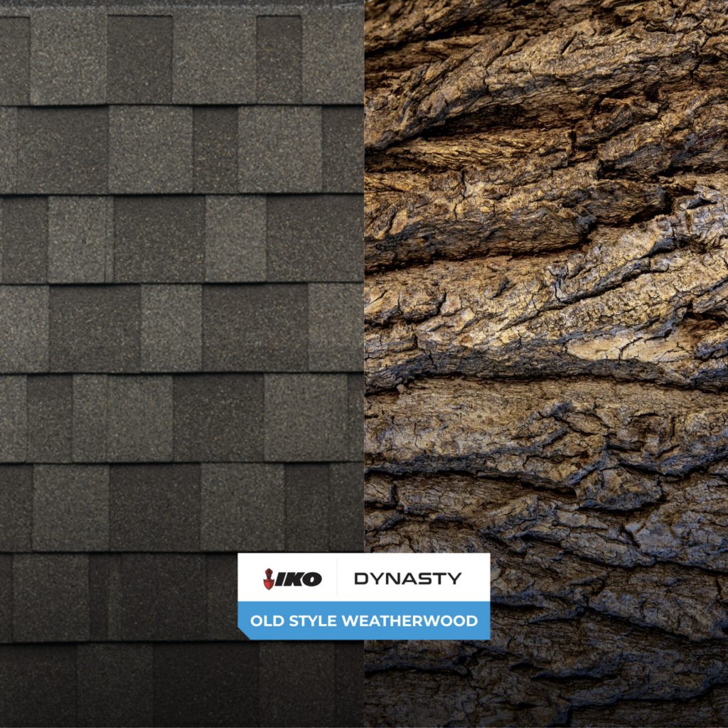 &Eacute;chantillon de couleur de bardeau d&rsquo;asphalte Bois de grange style d&rsquo;antan Dynasty(MD) de IKO associ&eacute; &agrave; une texture inspir&eacute;e du bois.