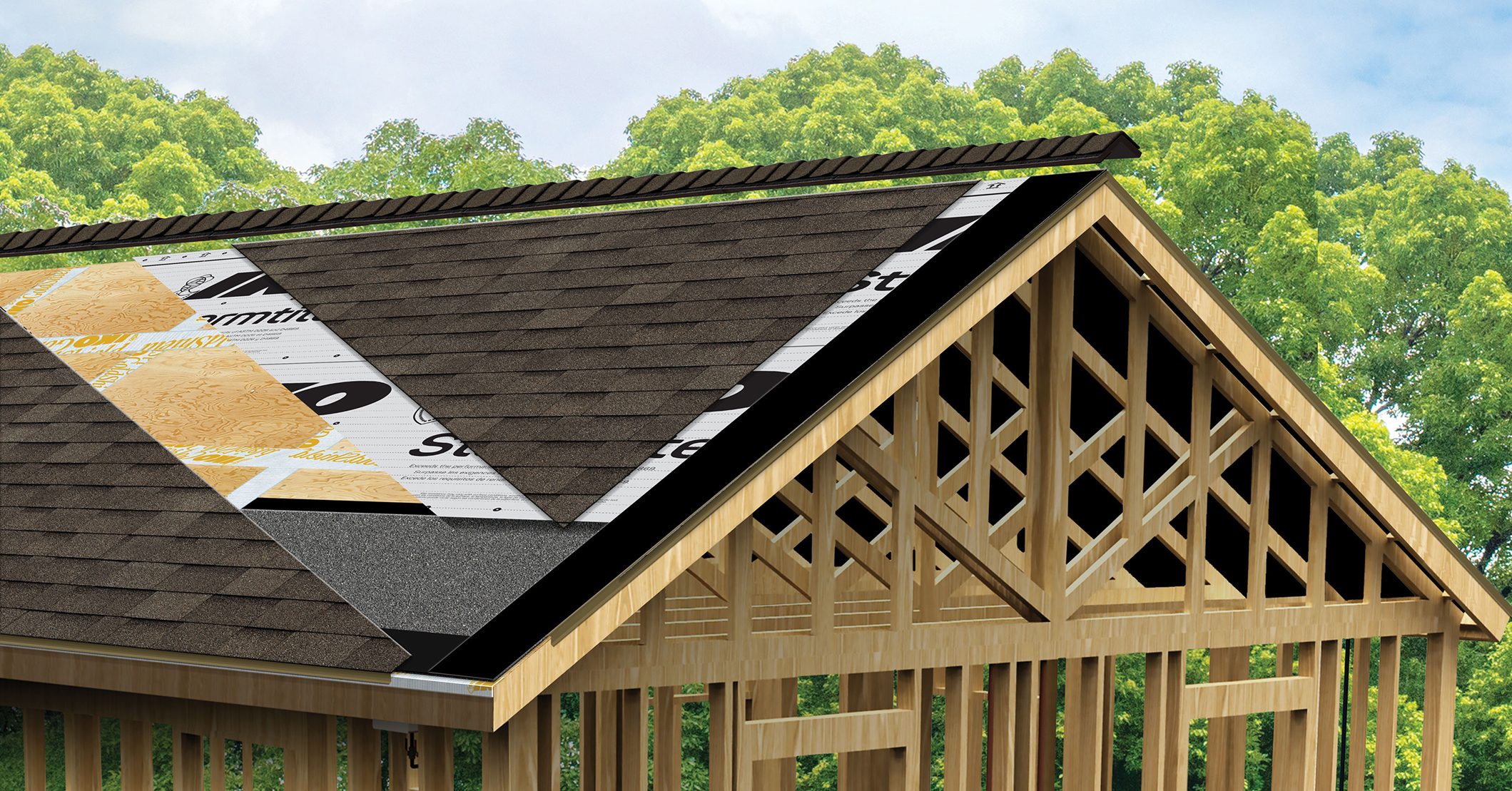 Cross-section of a shingled roof showing OSB decking, synthetic underlayment, and asphalt shingles on a new wood frame structure.