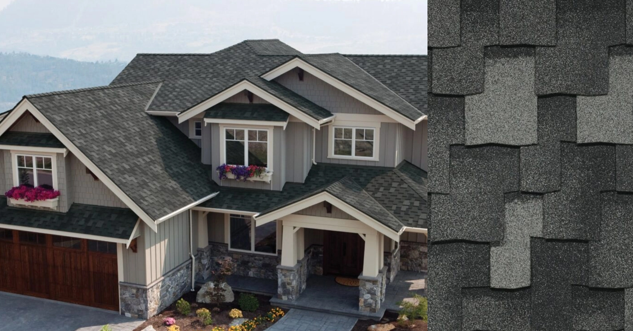 A house with gray designer shingles, shown next to a close-up texture swatch of the shingles.