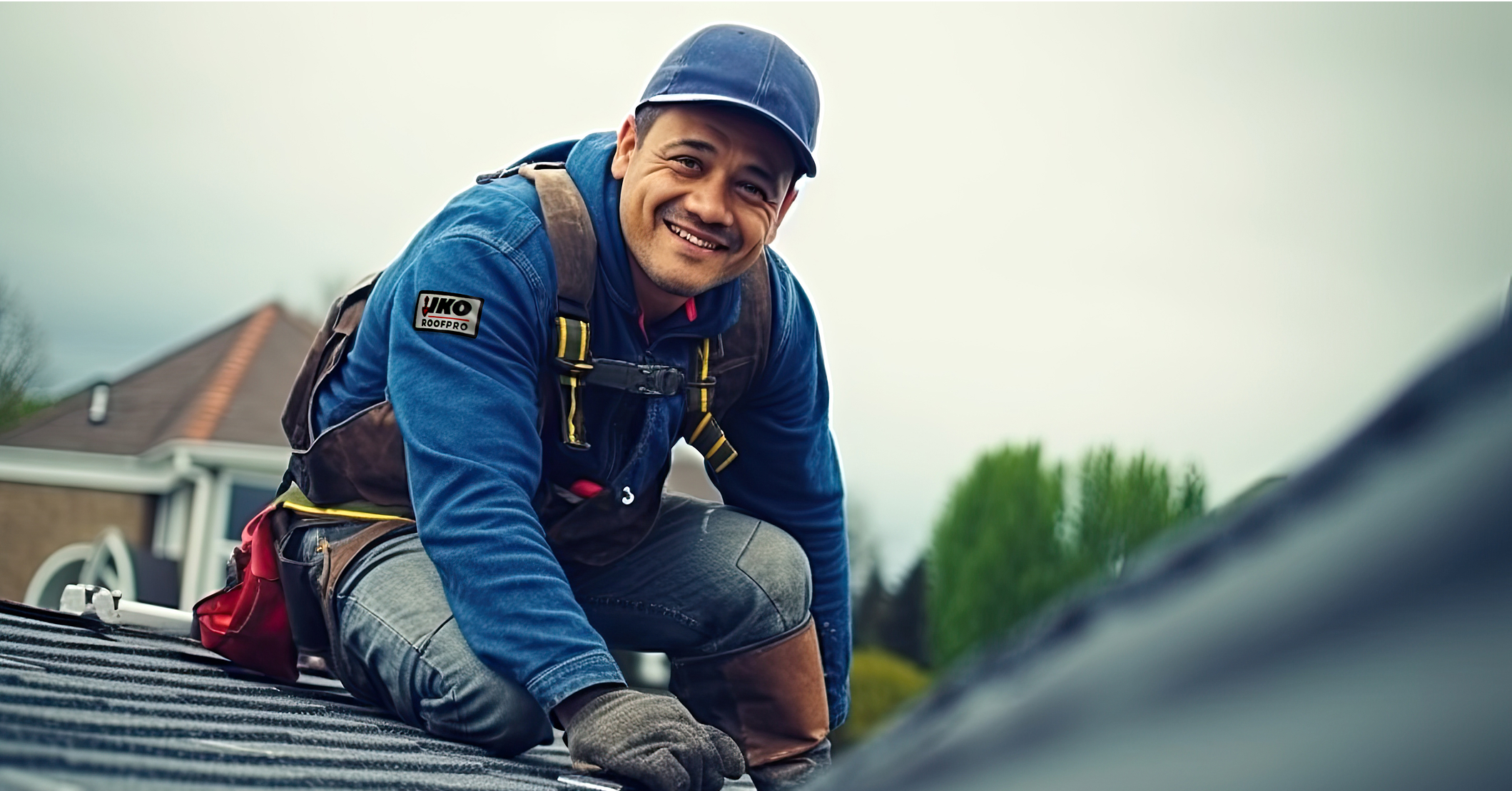 A smiling male roofer in a blue shirt, tool belt, and baseball cap kneels on a roof, looking at the camera.