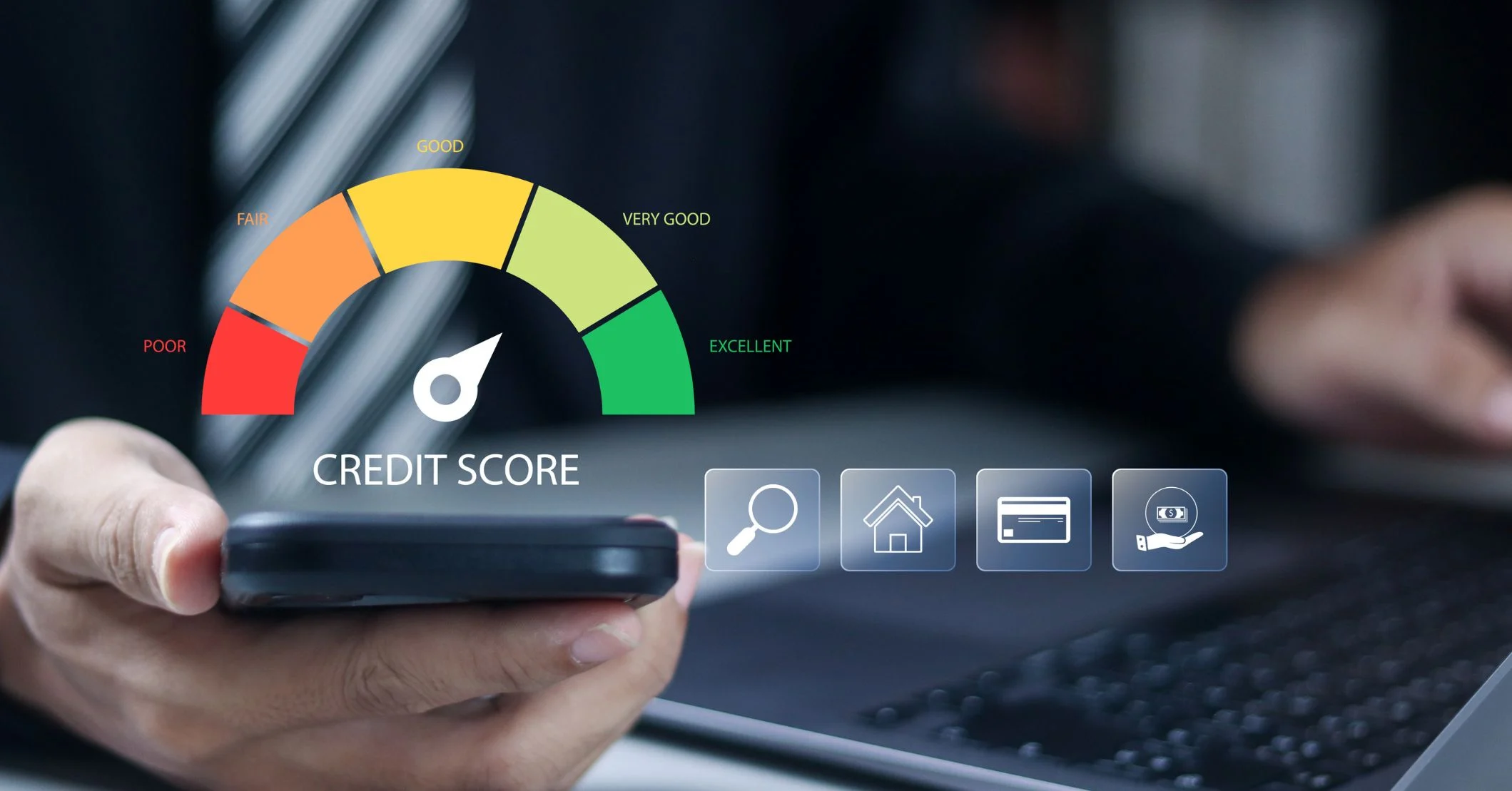 A smartphone displaying a digital credit score gauge, with the needle pointing in the 'Very Good' range.