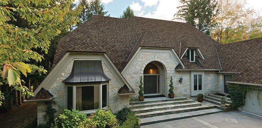 Stone house with a steep brown shingle roof, arched entry and a bay window with metal roof, surrounded by trees