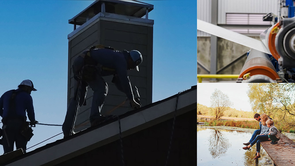 Silhouetted roofers wearing harnesses work beside a chimney, with side images of machinery and a couple by a lake