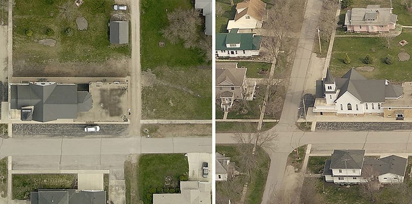 Two overhead aerial images of residential streets showing house roofs, a church and surrounding lawns
