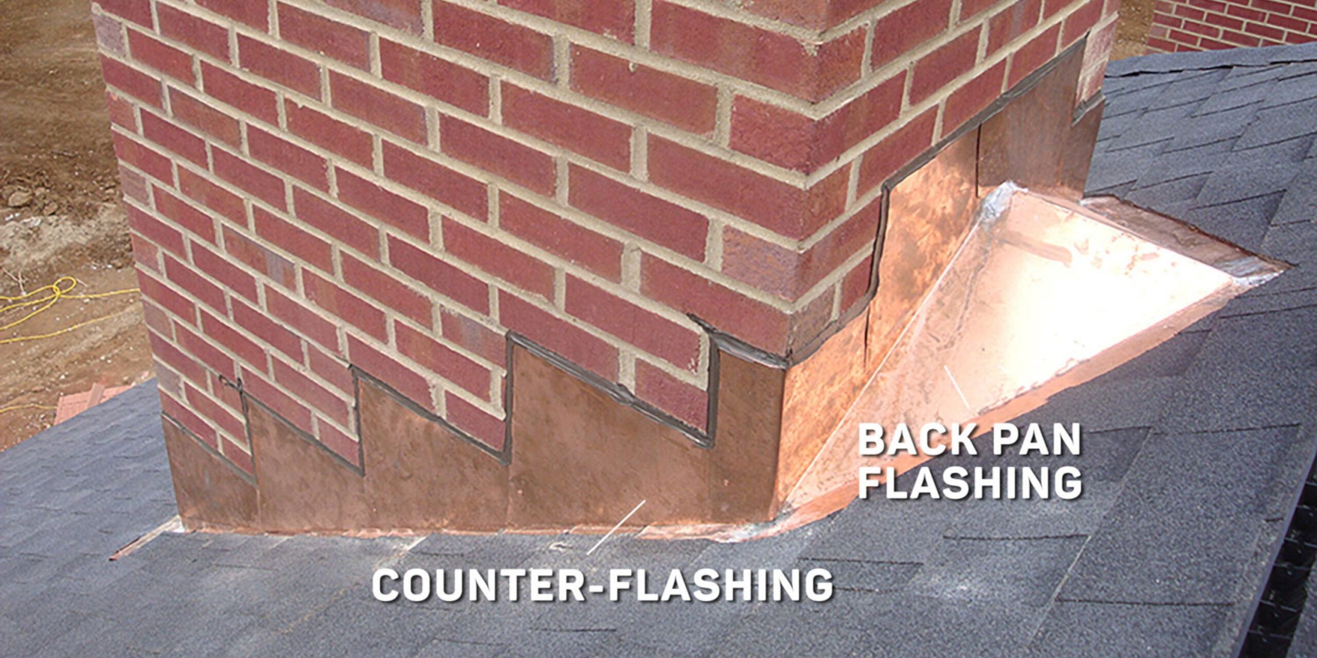 labelled view of copper flashing around a chimney