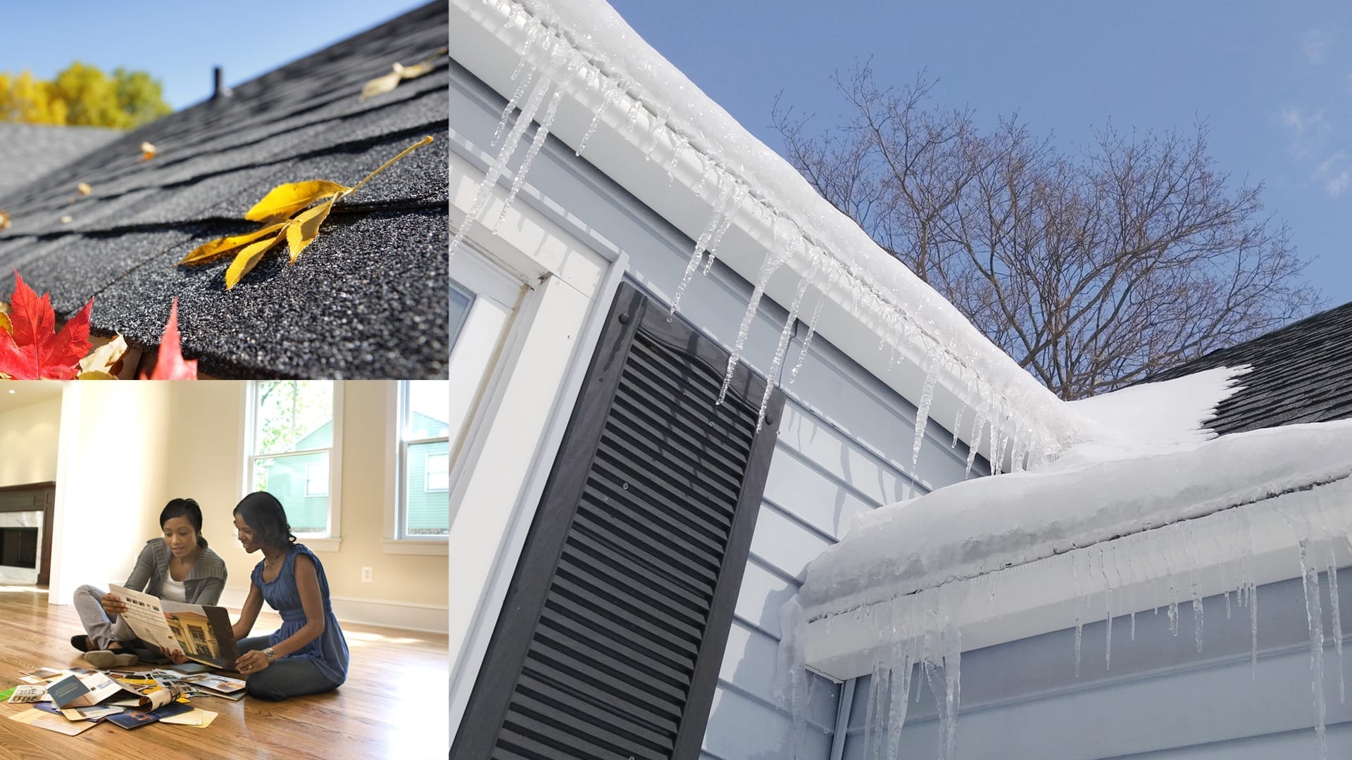 montaje de techo de invierno, dos mujeres, y hojas en un tejado