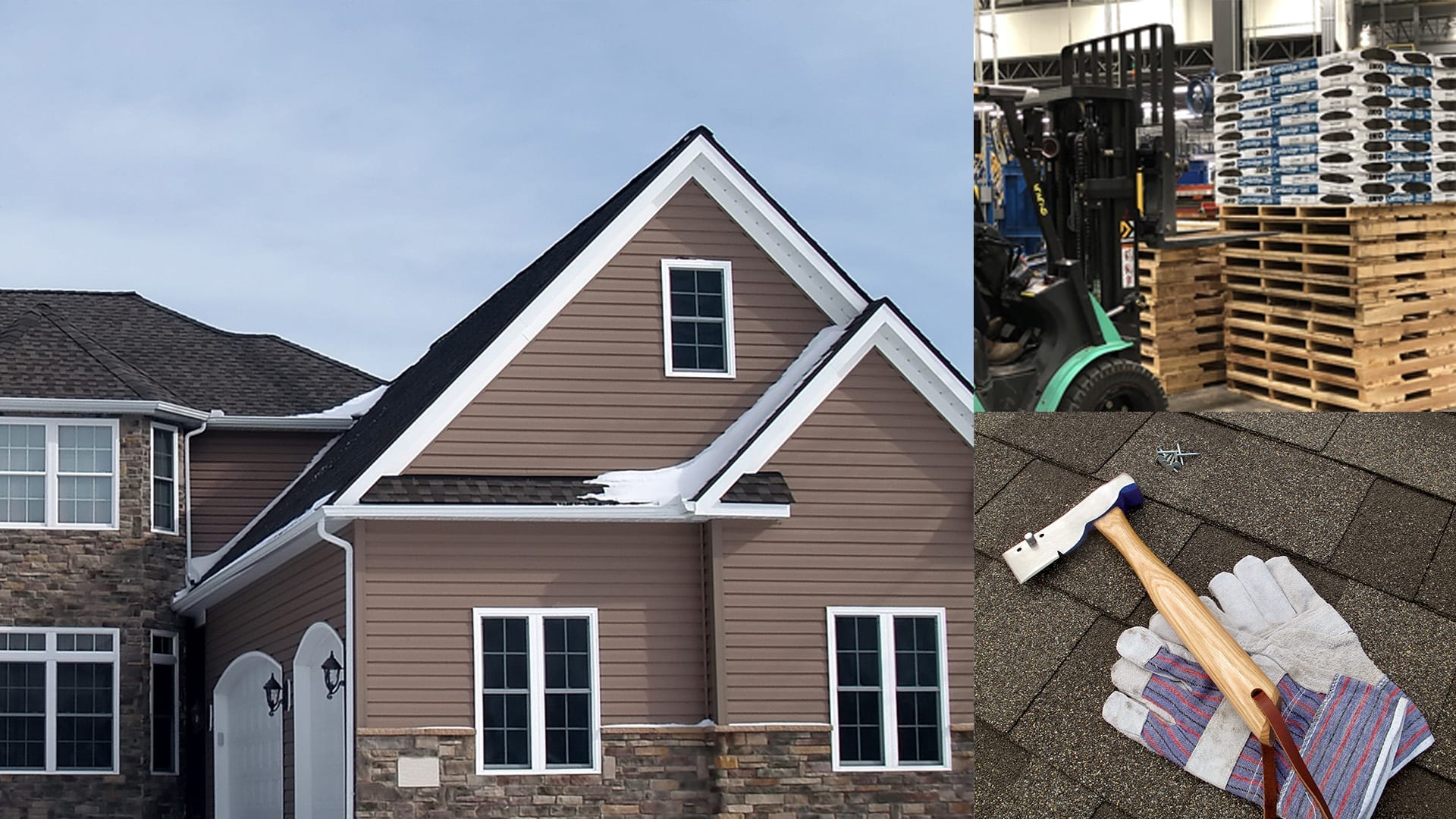 montaje de tejas en paletas, una casa, y herramientas para el techo