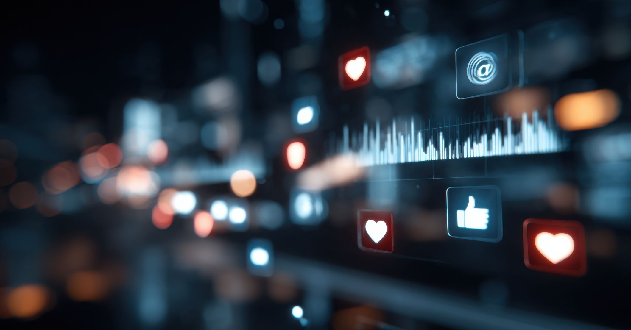 Una pantalla digital con iconos brillantes de interacción en redes sociales, como corazones y pulgares hacia arriba, que representan una estrategia de marketing digital.