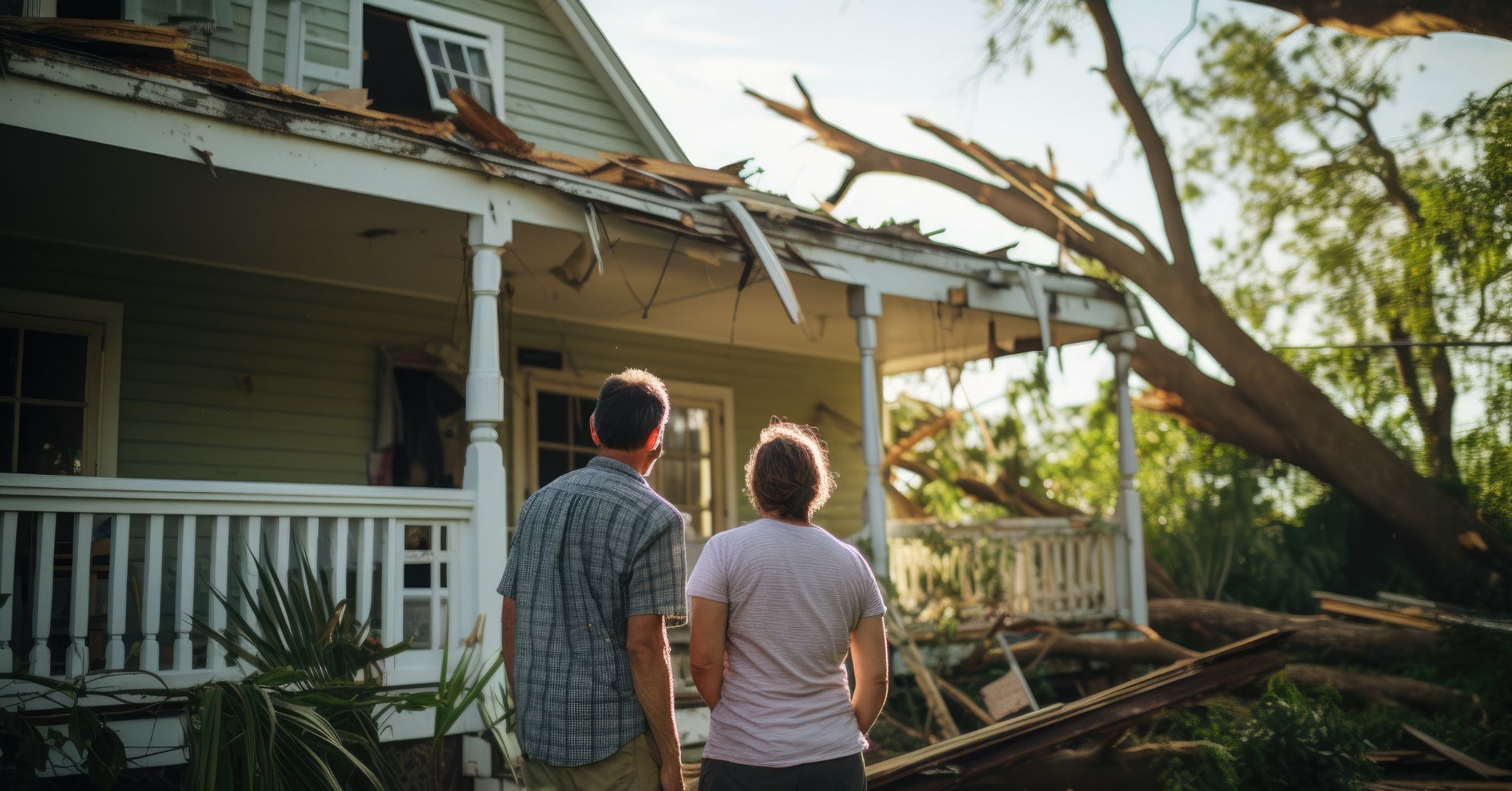 Homeowners surveying severe roof and structural damage caused by a fallen tree after a hurricane or severe storm.