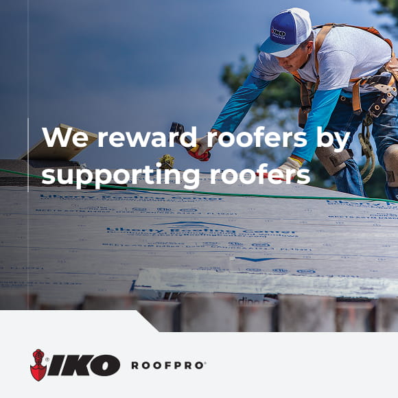Roofer installing underlayment on a roof under the text We reward roofers by supporting roofers, with the IKO ROOFPRO logo