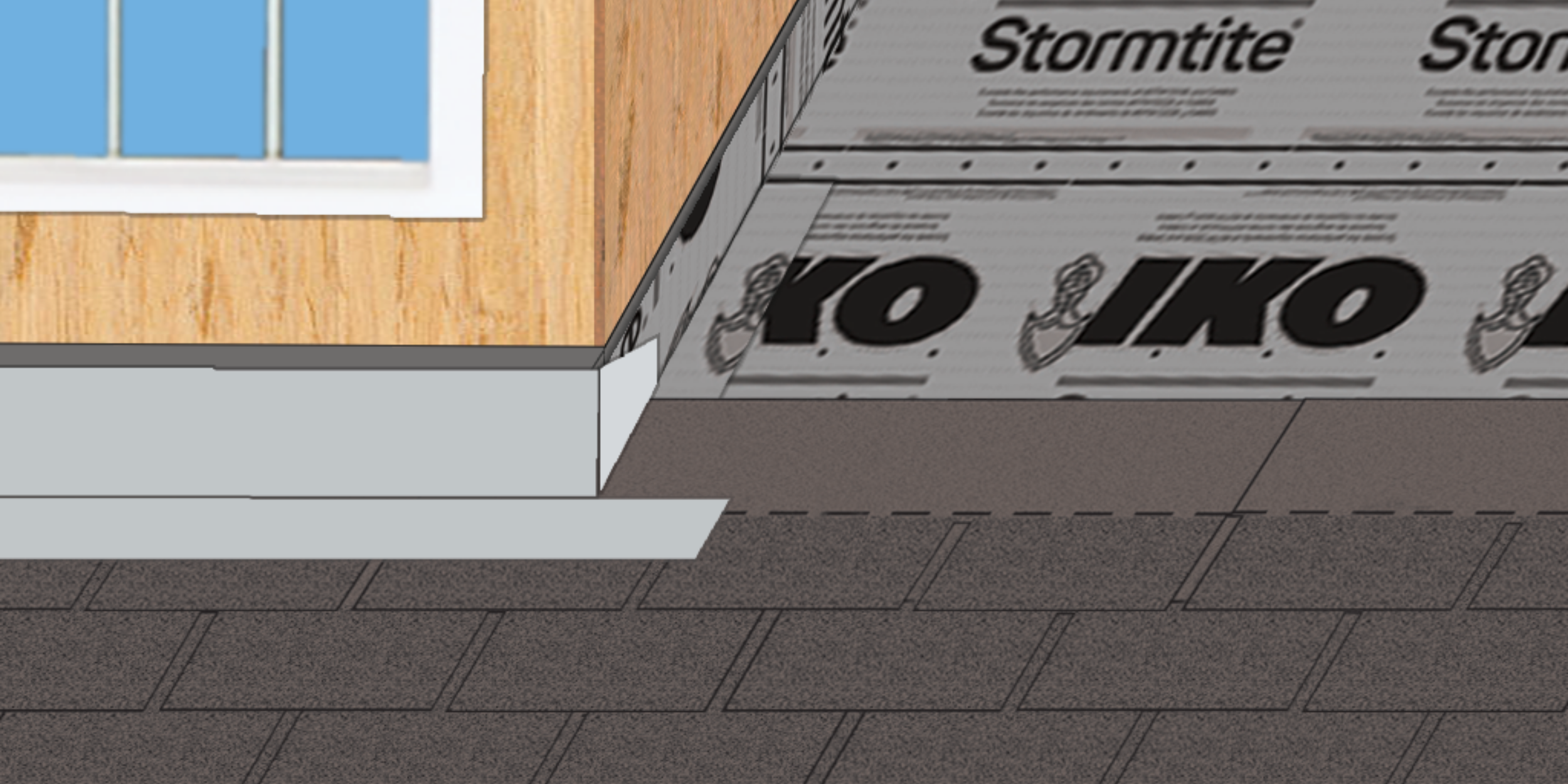 Illustration of white metal base flashing installed at the bottom of a dormer wall, placed over the top course of brown asphalt shingles.