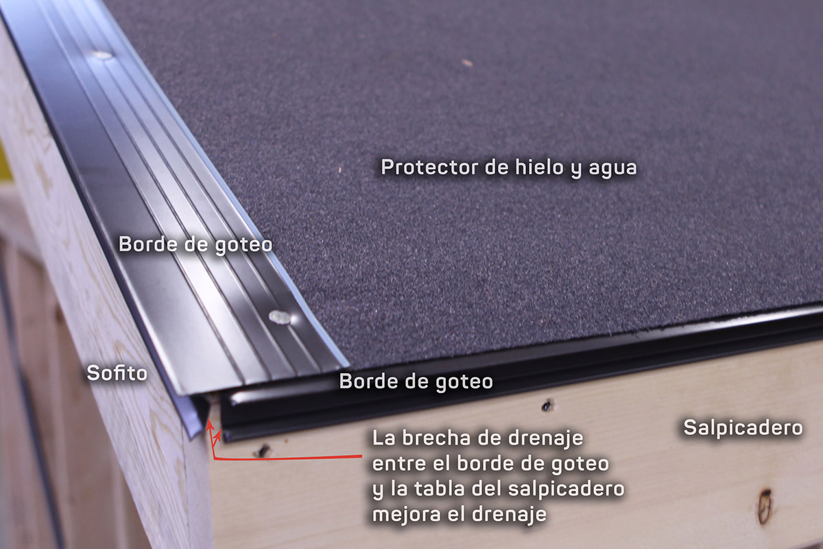 labelled photo of eave/rake corner showing drainage gap in drip edges