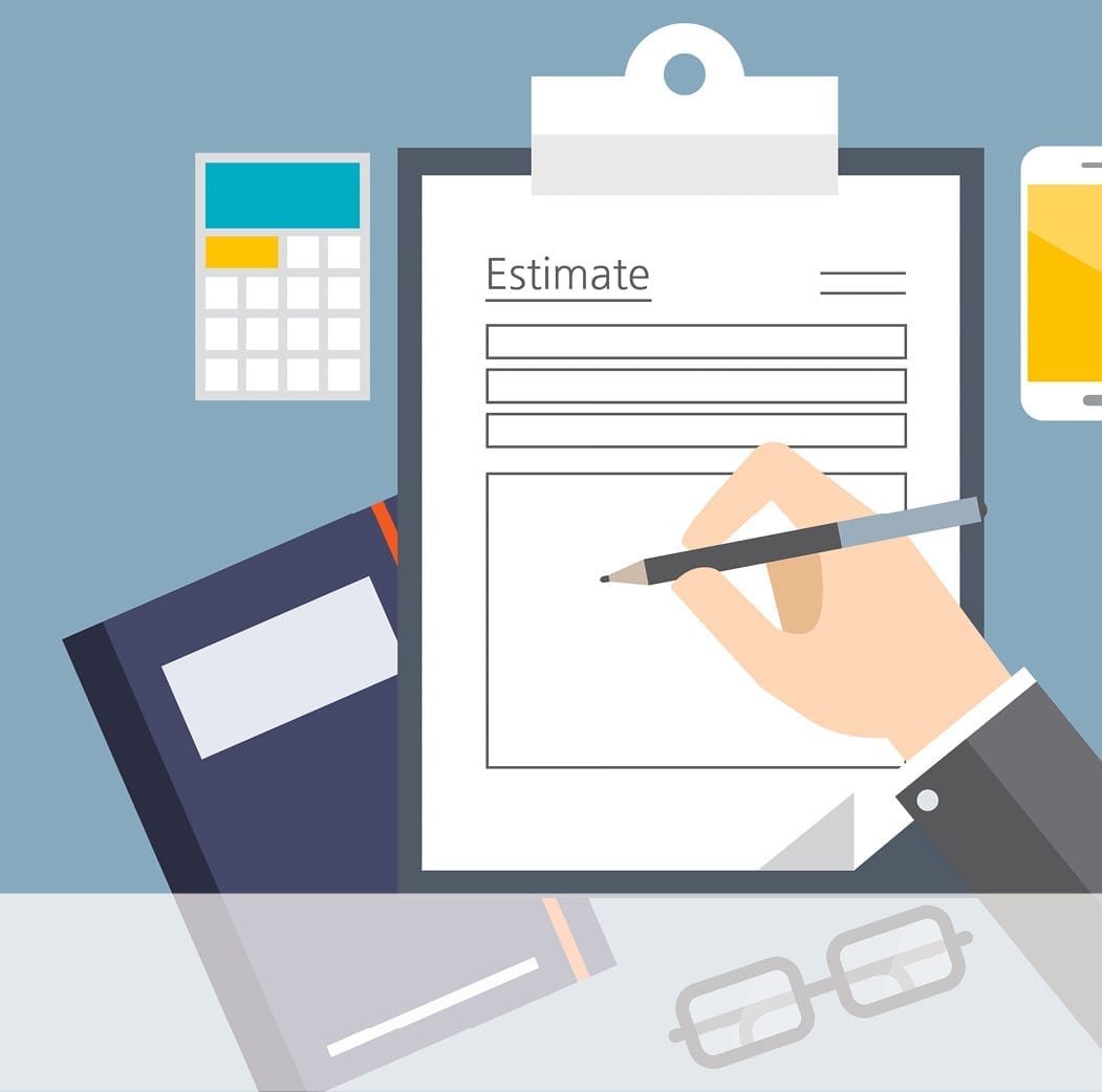 Illustration of a hand filling out an estimate form on a clipboard beside a calculator.
