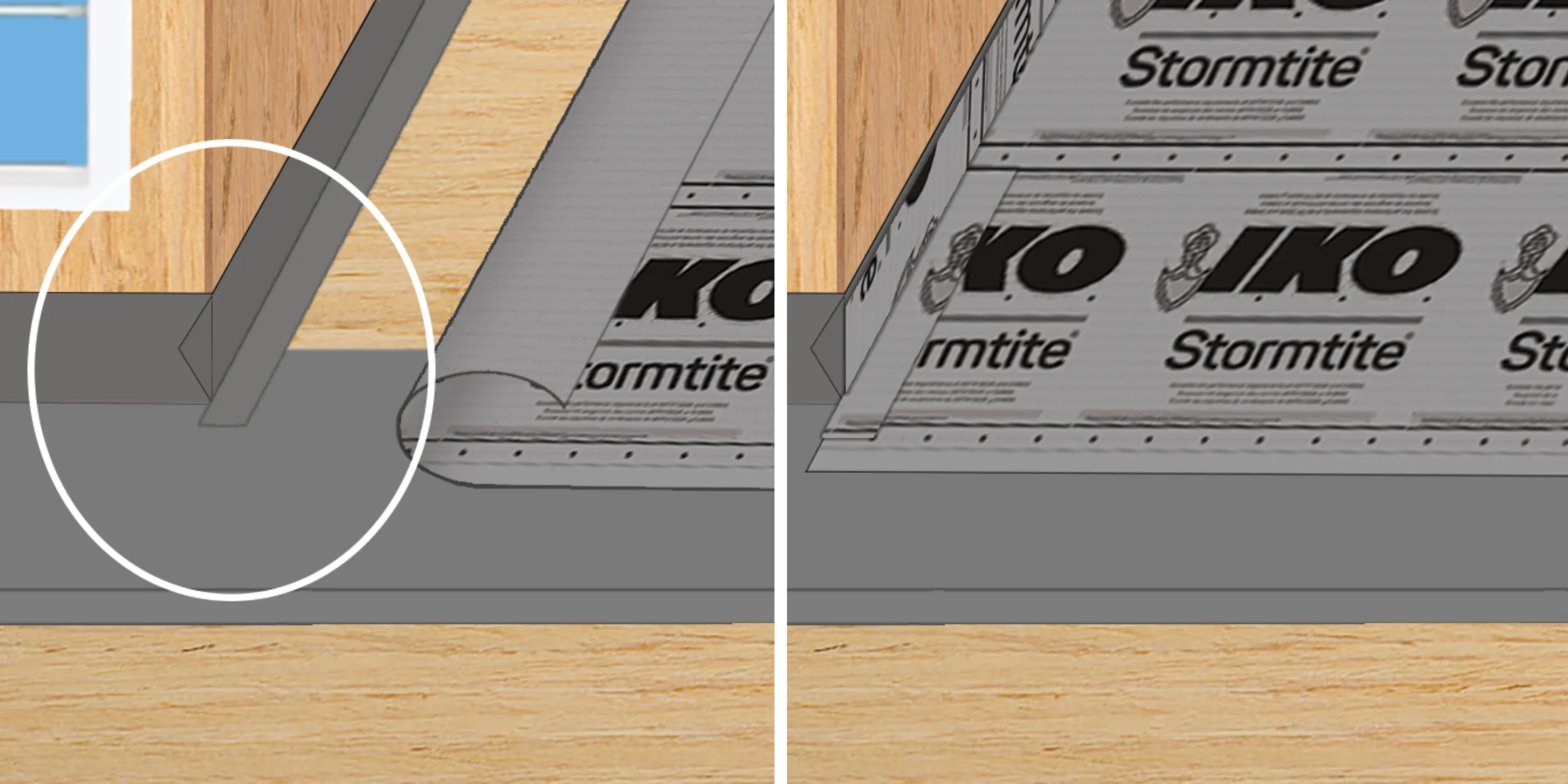 A close-up diagram showing the installation of Stormtite synthetic underlayment and grey ice and water protector on a roof deck against the wall of a dormer.