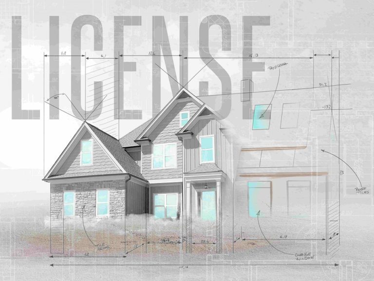 Large word LICENSE over a faded house photo with architectural blueprint sketches.