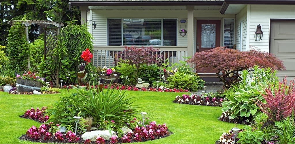 Home front porch with a lush lawn, flower beds and shrubs in a well-kept garden