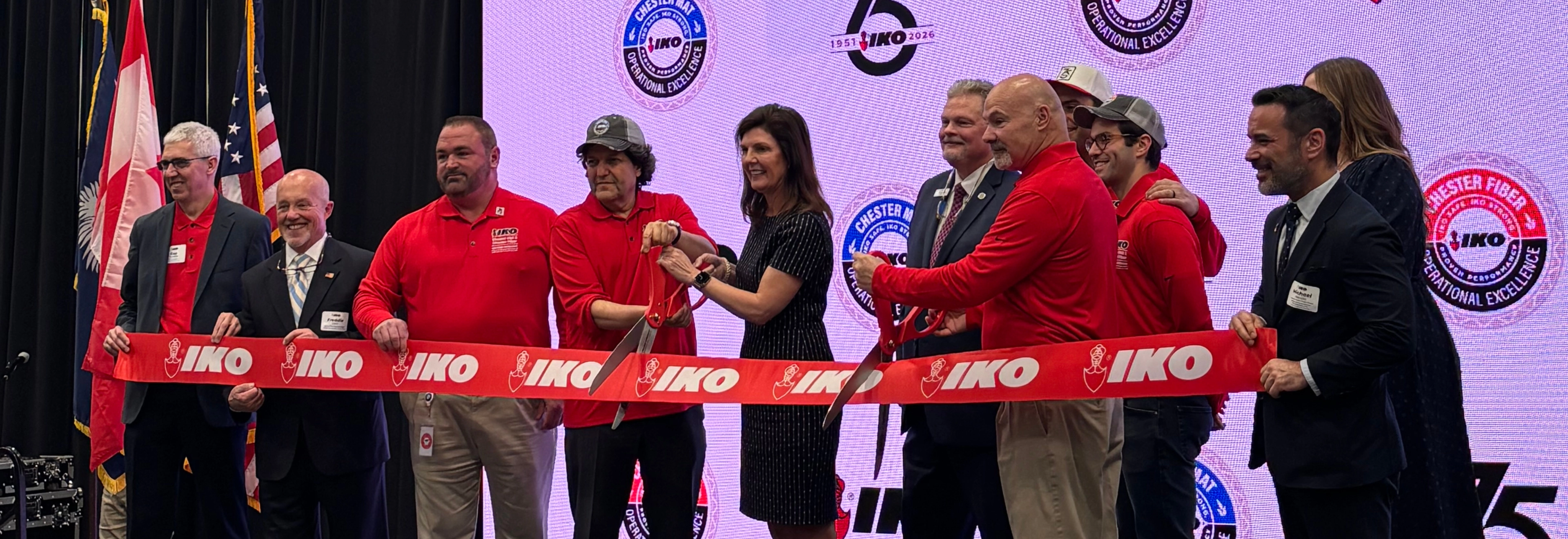 Left to Right: Guy Tremblay (Vice President, Operations, IKO North America), Freddie Gault (Senior Field Representative for the Office of U.S. Representative Ralph Norman), Dale Sexton (Plant Manager, Fiberglass Mat Plant), David Koschitzky (CEO of IKO North America), Pamela Evette (Lieutenant Governor of South Carolina), Gregory Rhodes (Plant Manager, Fiberglass Plant) and Michael Mancini (Senior Trade Commissioner, representing Rosaline Kwan, the Government of Canada’s Consul General).