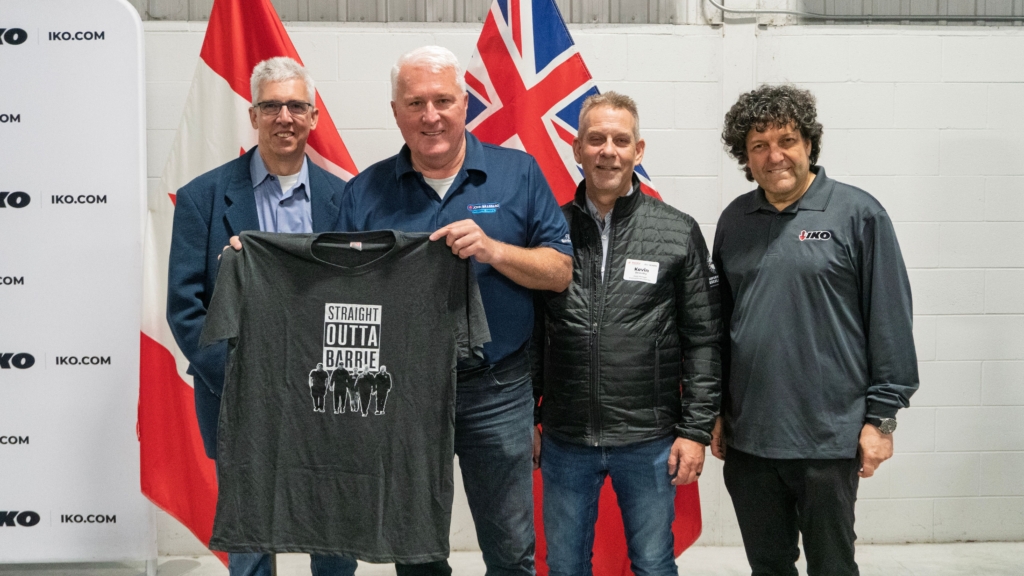 Left to Right: Guy Tremblay (Vice President of Operations, IKO North America), John Brassard (Member of Parliament for Barrie South&ndash;Innisfil), Kevin Beaudry (Plant Manager, BramCal Production Inc.) and David Koschitzky (Chief Executive Officer, IKO North America)