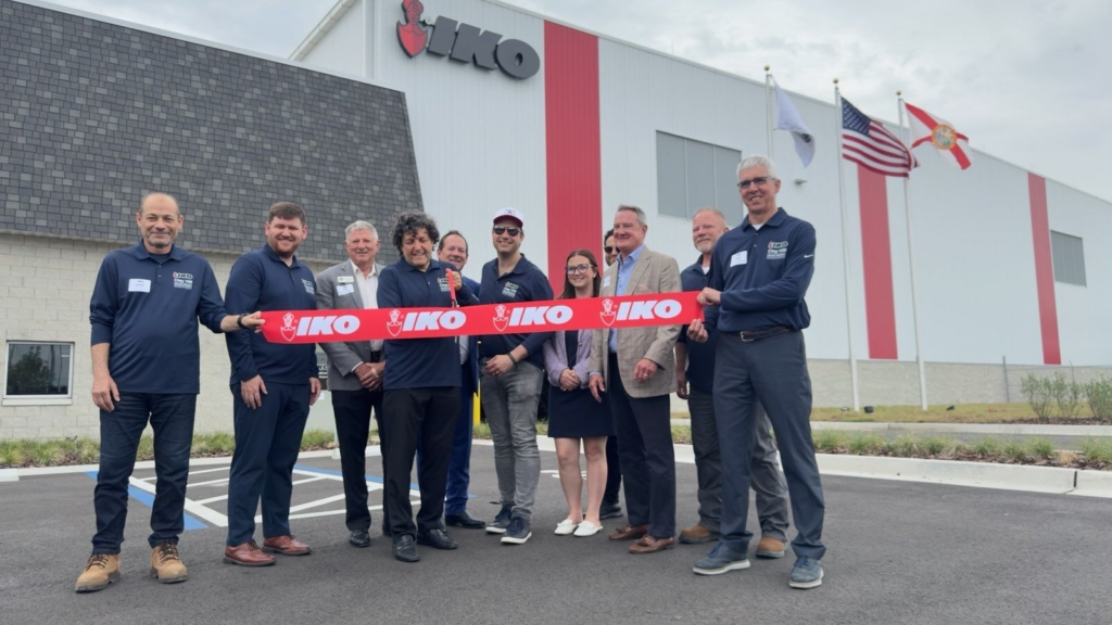 L to R: Luay Abutaha (Manufacturing Director, IKO North America), Yekutiel Koschitzky (Director International Sales, IKO North America), Jim Renninger (Clay County Commissioner), David Koschitzky (CEO, IKO North America), Jon Cantrell (President, Clay Hill Chamber of Commerce), Jack Gottesman (Marketing and Brand Director, IKO North America), Elizabeth Carrington (on behalf of Congressman Aaron Bean), Ariel Koschitzky, Crawford Powell (President, Clay Hill Economic Development Corporation), Dan Lindahl (Plant Manager, IKO Clay Hill) and Guy Tremblay (Vice President, Operations, IKO North America)