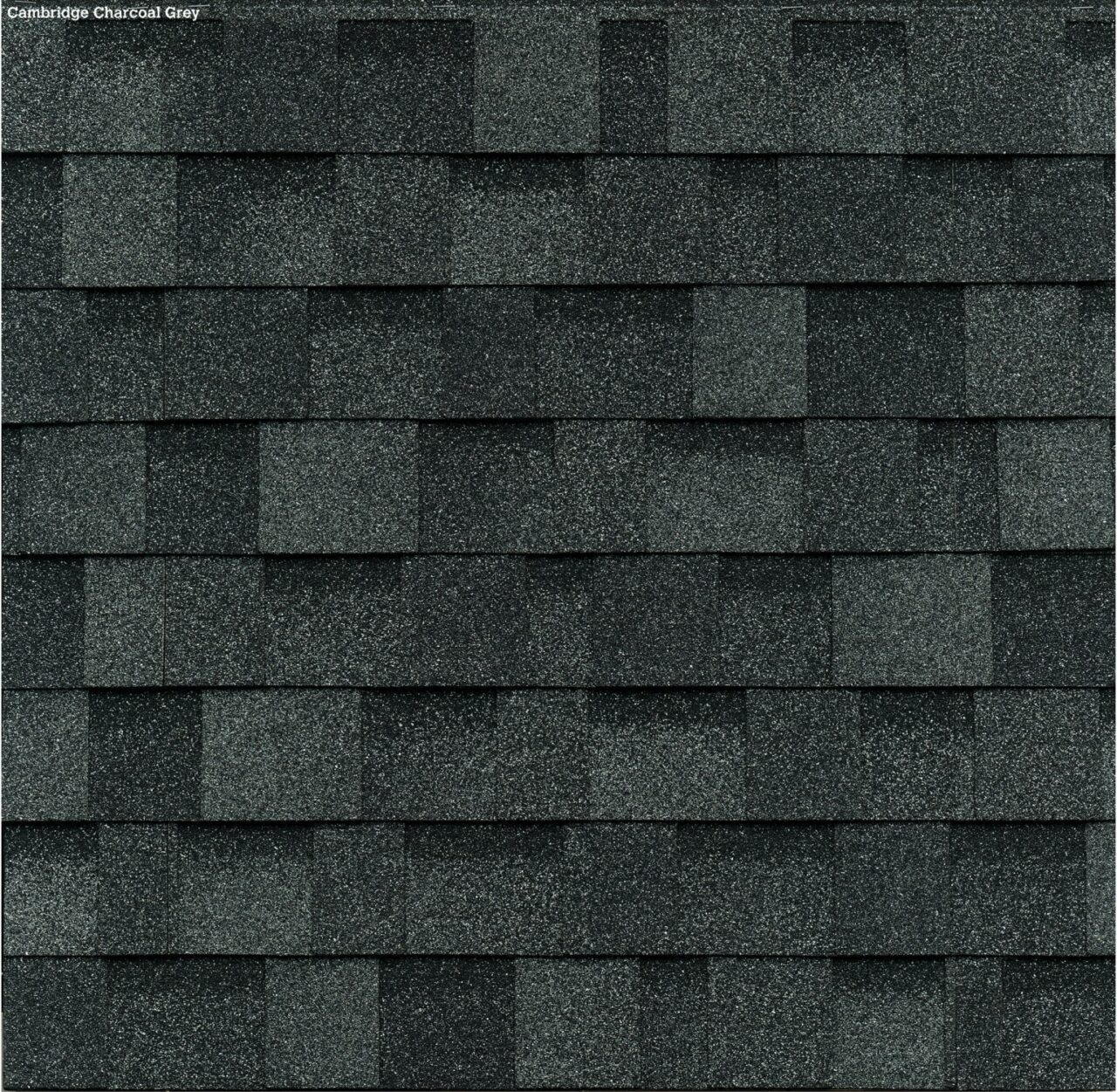 Des bardeaux de toiture gris charbon, de style Cambridge, sont disposés en rangées horizontales avec une surface texturée et mouchetée.