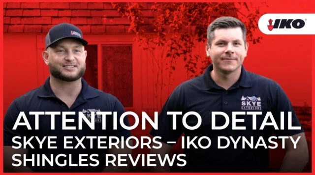 Dos hombres con camisas iguales de Skye Exteriors posan con orgullo frente a un edificio. El texto dice: “Attention to Detail: Skye Exteriors – Celebrated IKO Dynasty Shingles Reviews”. El logotipo de IKO aparece destacado arriba a la derecha.