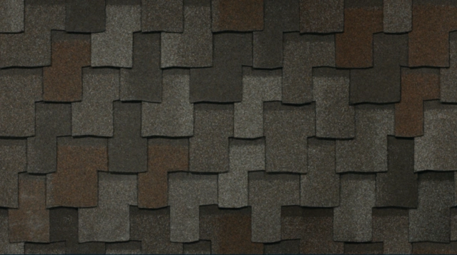 Las tejas Armourshake en Chalet Wood ofrecen una sofisticada mezcla de gris oscuro y marrón, dispuestas de forma superpuesta para realzar la textura del techo. Descubra la elegancia de los colores de tejas IKO con esta opción duradera.