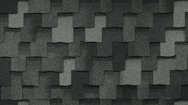 Primer plano de tejas de asfalto negras y grises superpuestas en un techo, con la elegante textura Greystone del popular estilo Armourshake de los colores de tejas IKO.