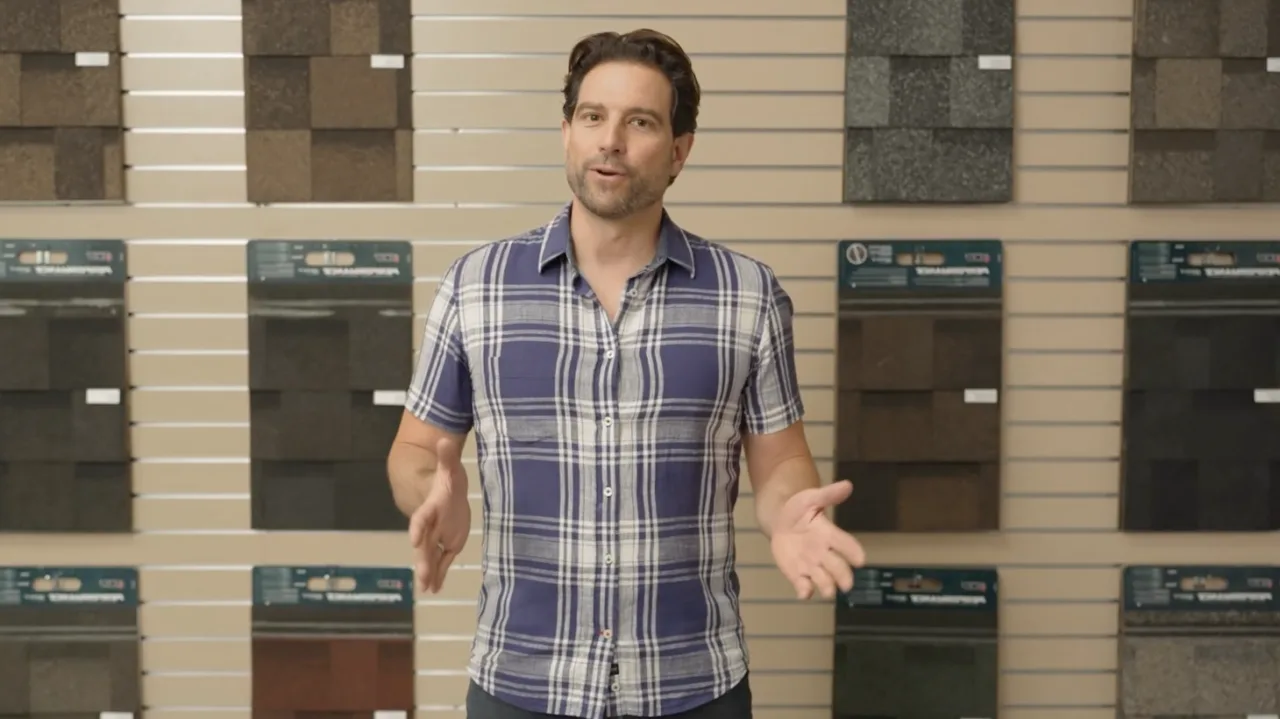 Un hombre con camisa de cuadros está de pie frente a una exhibición de pared ROOFPRO y destaca los beneficios de diversas tejas para techos.