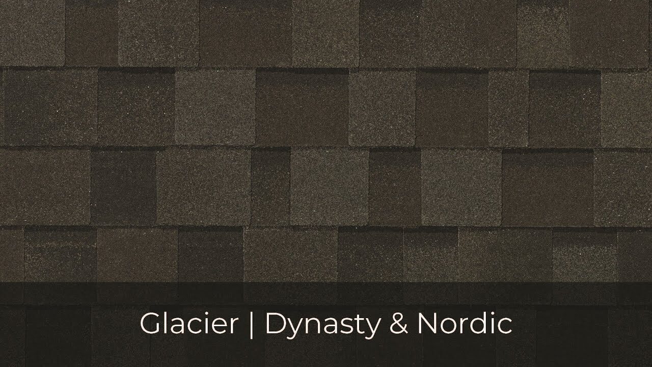 Dark textured roofing shingles with a square pattern. Text at the bottom reads "Glacier | IKO Roof Shingle Colors in Dynasty & Nordic.