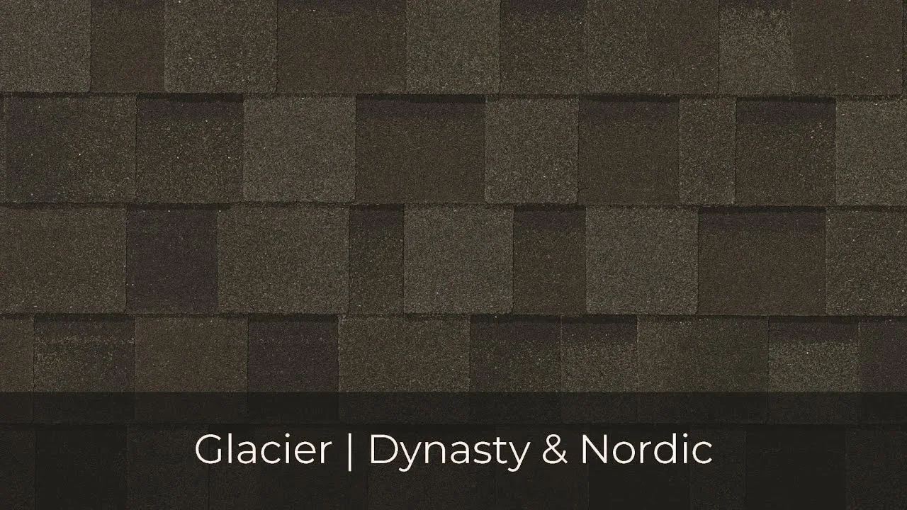 Dark textured roofing shingles with a square pattern. Text at the bottom reads "Glacier | IKO Roof Shingle Colors in Dynasty & Nordic.