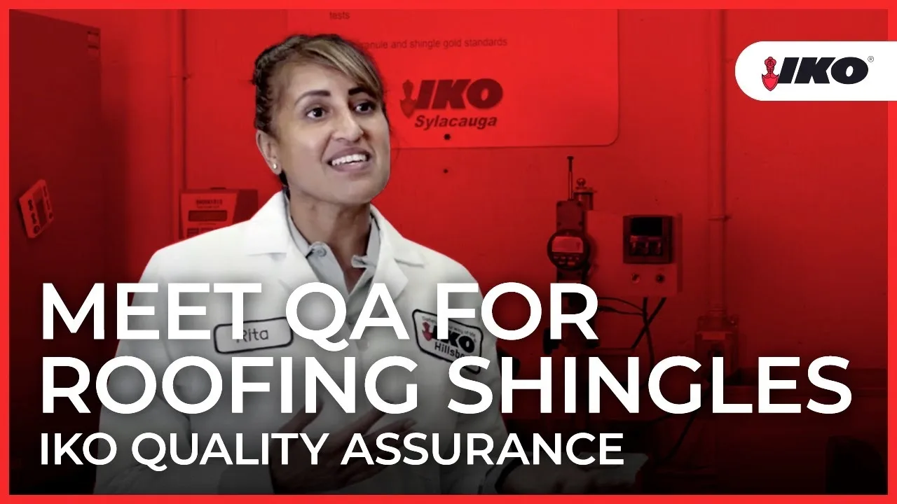 In a red-tinted workspace, a person in a lab coat is dedicated to ensuring top-notch standards, encapsulating "Meet IKO Quality Assurance - QA for Roofing Shingles.