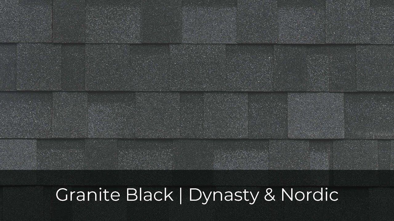Close-up of overlapping dark shingles with text overlay reading "Granite Black | Dynasty & Nordic," showcasing the high-performance IKO Roof Shingle Colors.