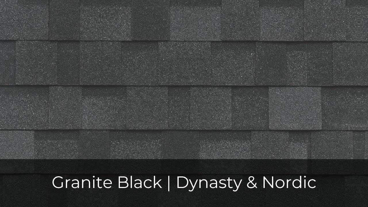Close-up of overlapping dark shingles with text overlay reading "Granite Black | Dynasty & Nordic," showcasing the high-performance IKO Roof Shingle Colors.