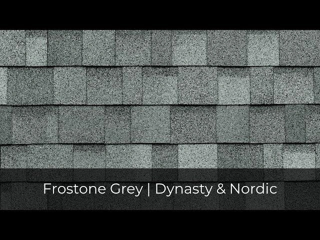 Gray roof shingles with a textured pattern, labeled "Frostone Grey," are perfect for those exploring IKO Roof Shingle Colors in the Dynasty and Nordic collections.