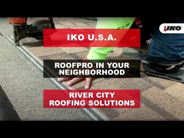 Person installing roofing shingles with text: "IKO U.S.A. - IKO ROOFPRO in your neighborhood - River City Roofing Solutions.