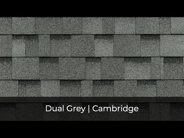 IKO Roof Shingles in Dual Grey are arranged in a uniform, architectural pattern, labeled "Dual Grey | Cambridge" at the bottom.