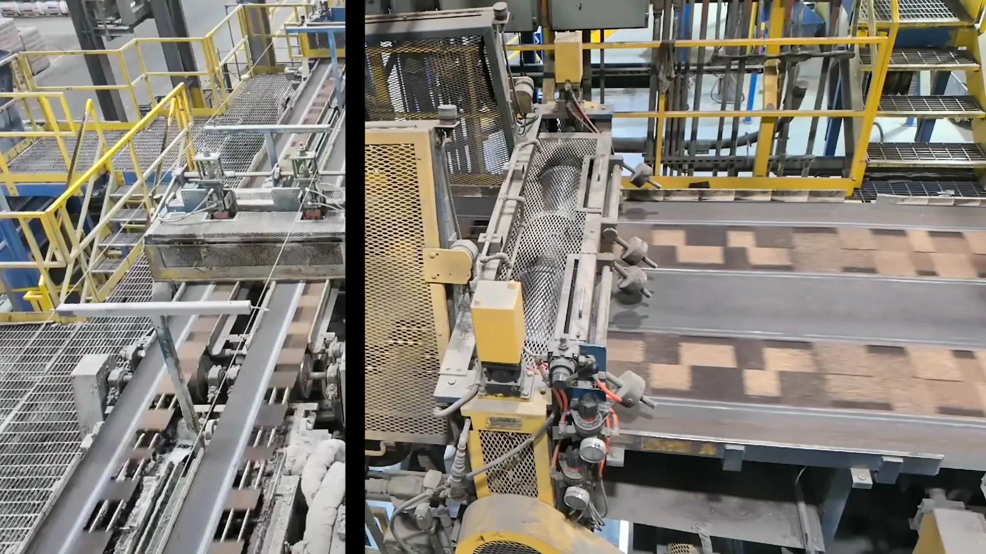Vista previa de video de tejas que avanzan por una línea de producción industrial con barandillas de seguridad amarillas.
