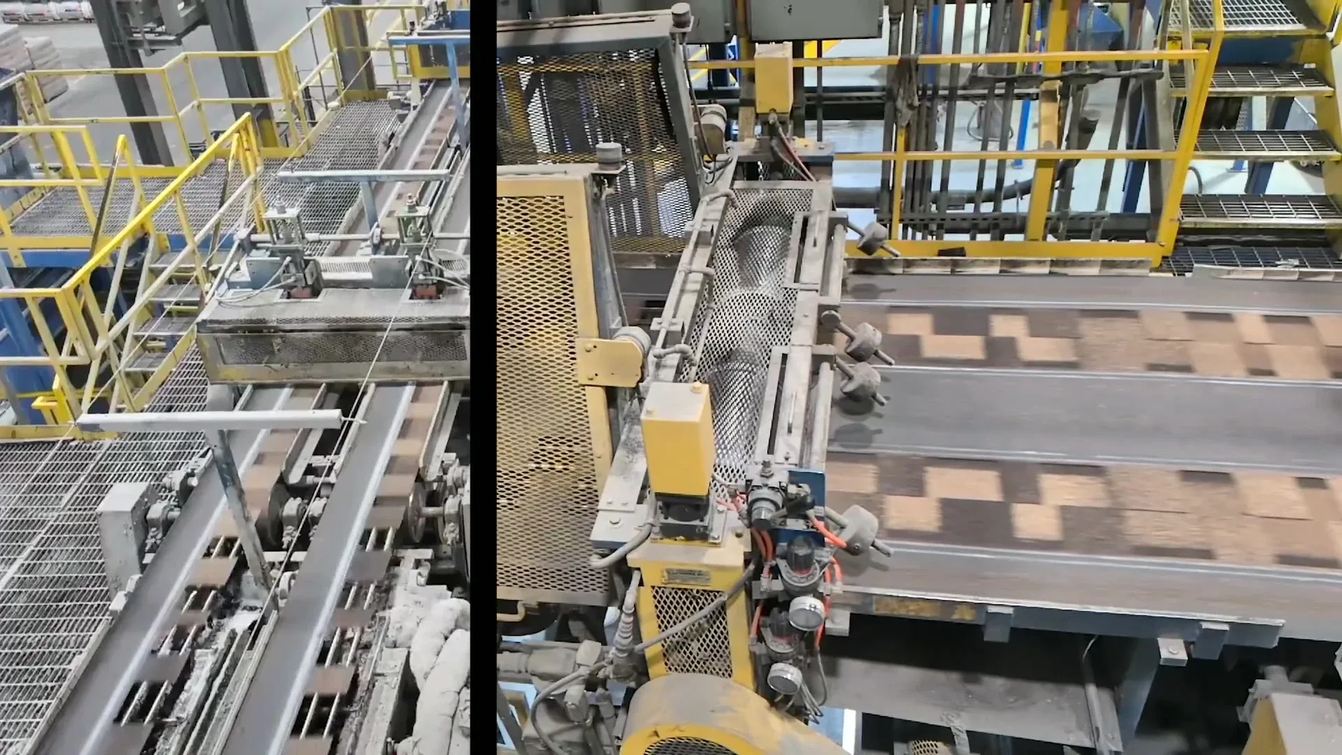 Video preview of shingles moving along an industrial production line with yellow safety railings.