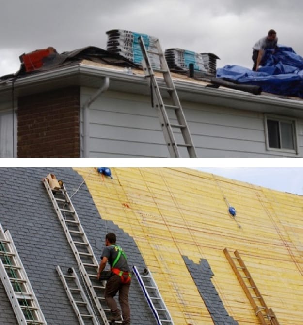 ladder leaning against gutters next to ashalt shingles - roofer climbing ladder