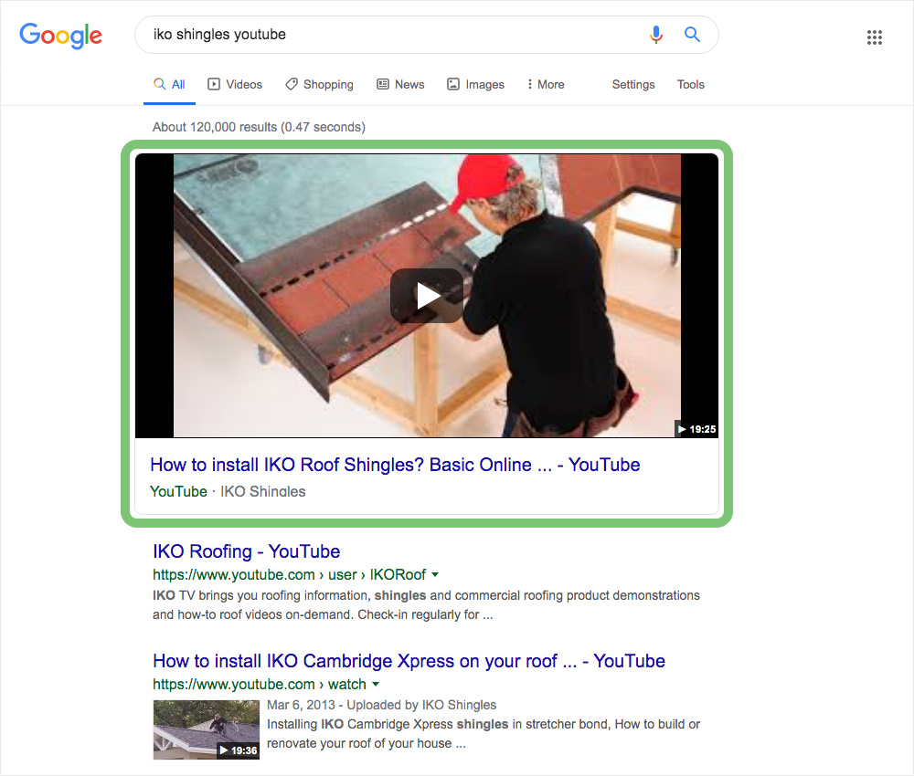 Youtube video on SERP