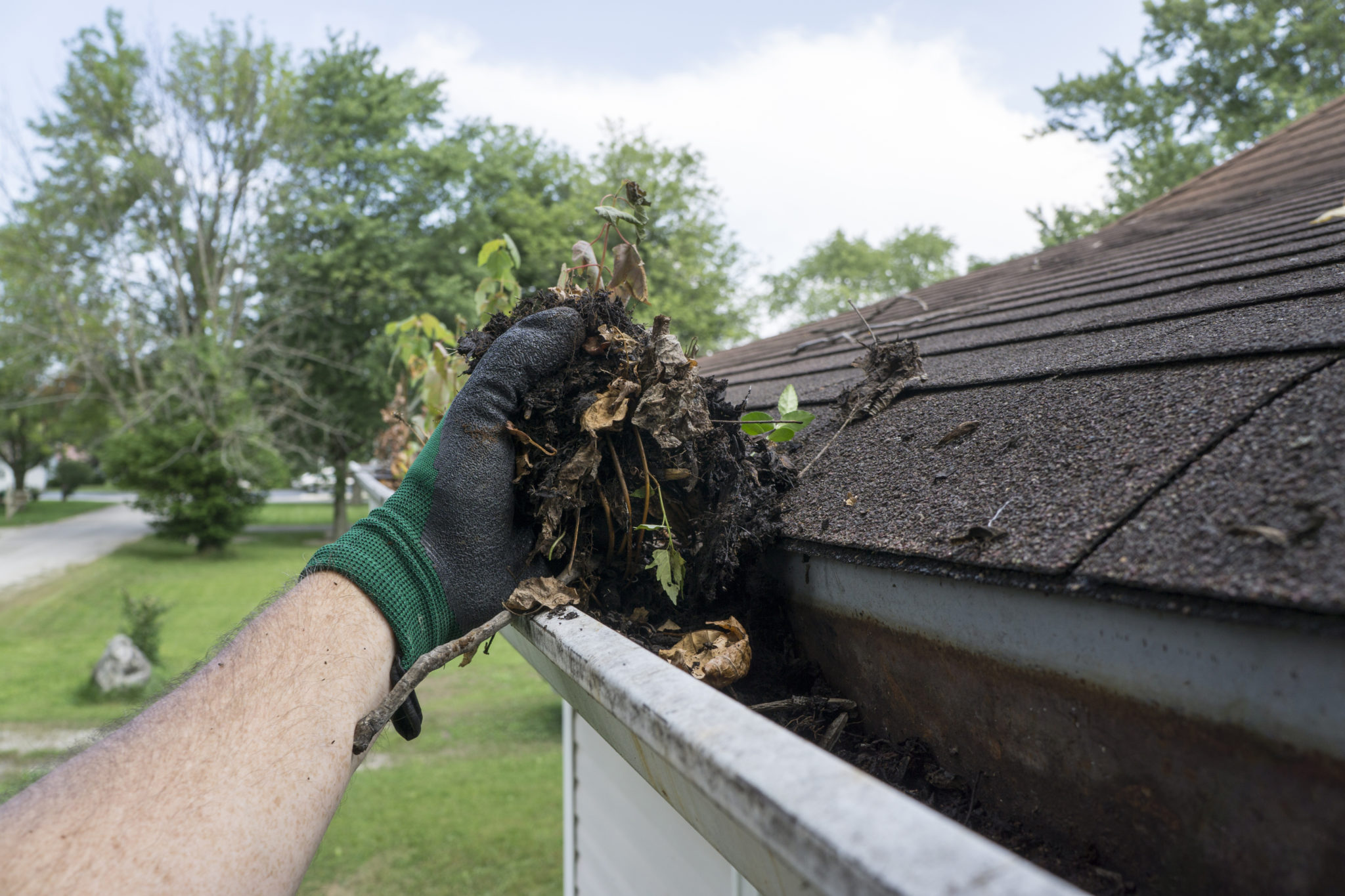 cleaning gutters filled with leaves and sticks.