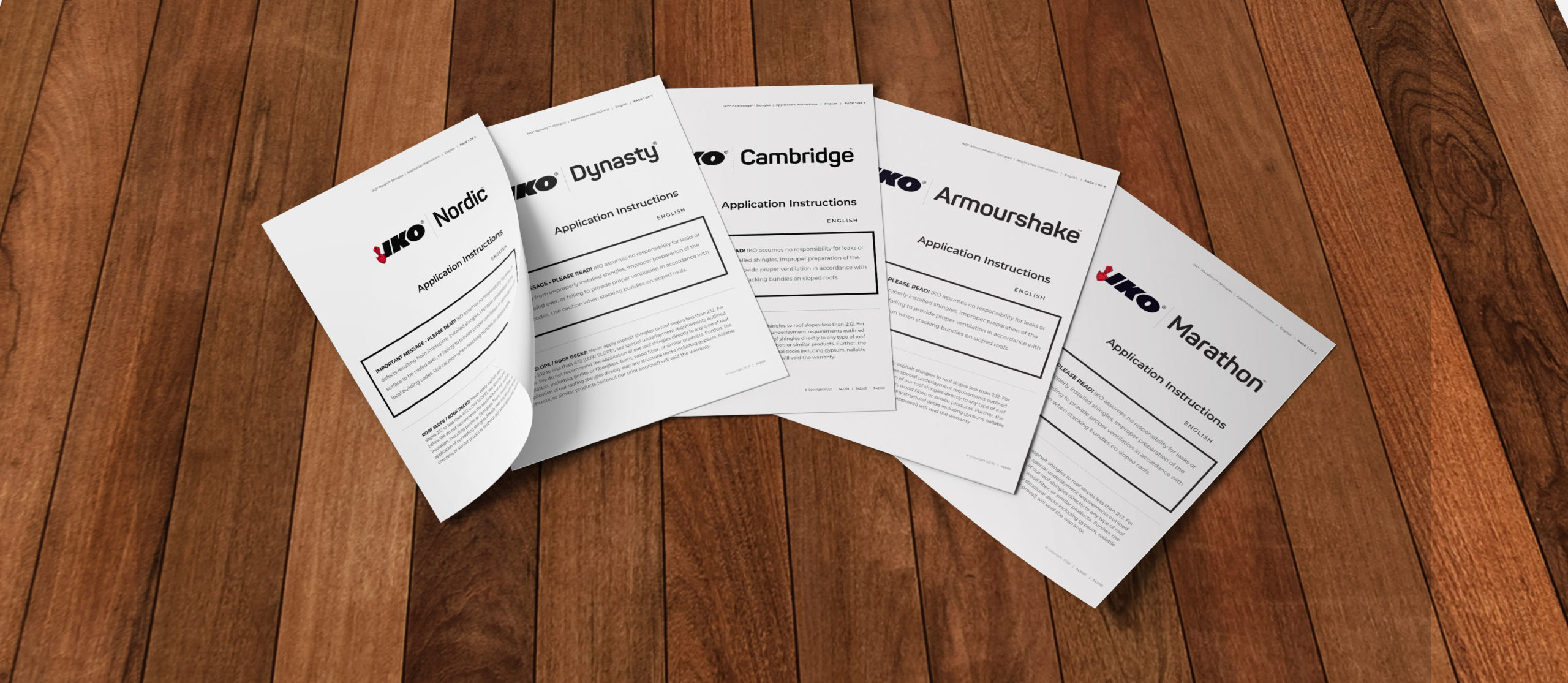 Application Instruction sheets laid out in a table