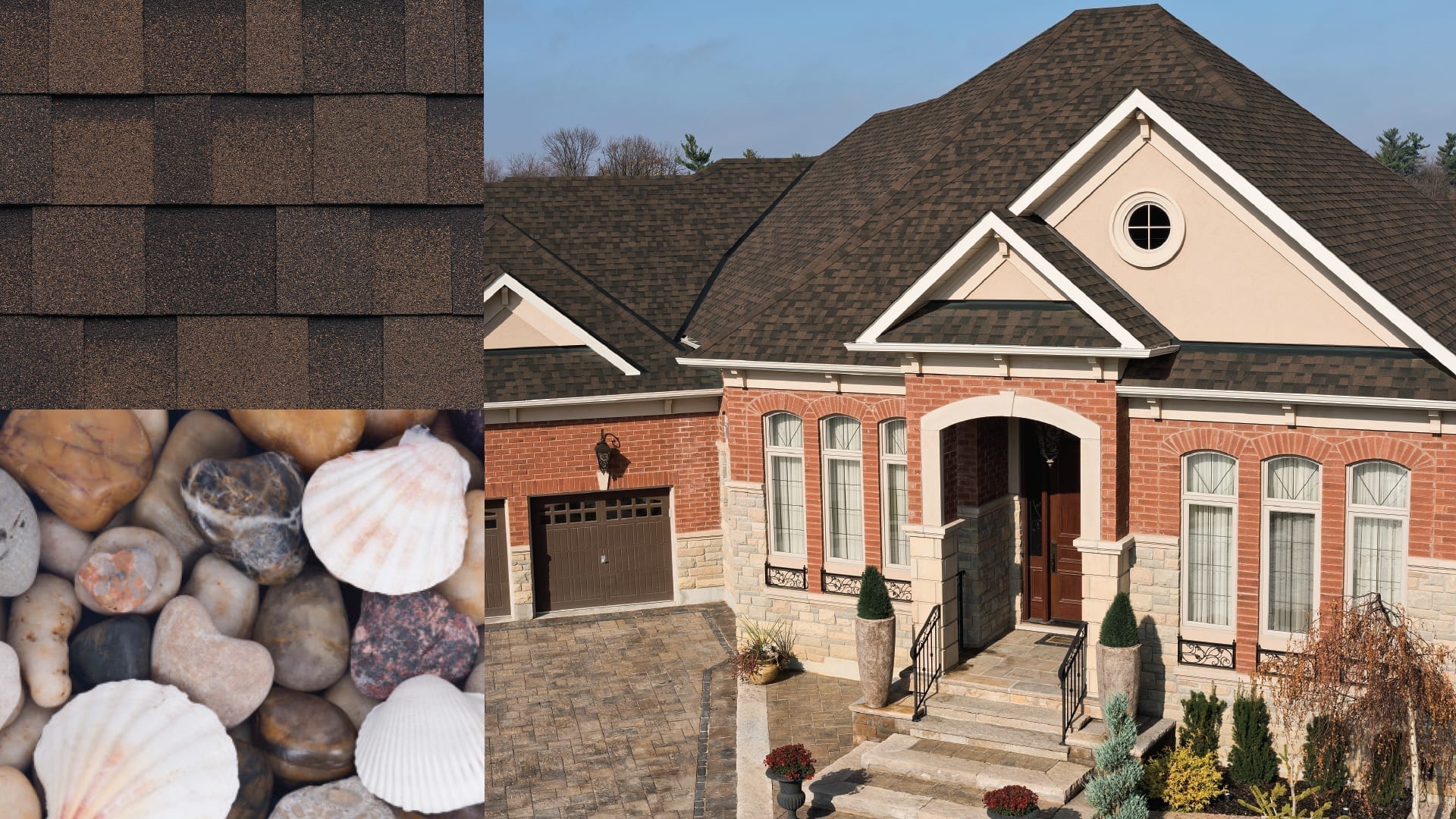 montage of shells and rocks, a house and shingles