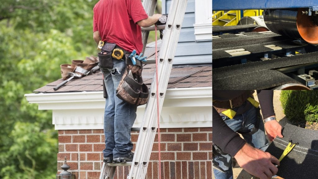 montage of a roofer on a ladder, shingles being made and being measured