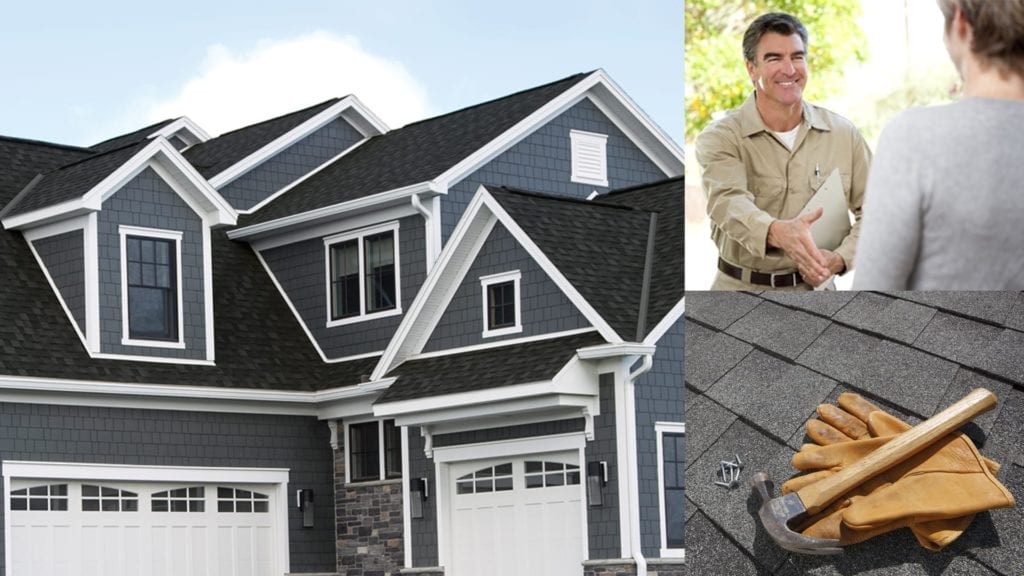 montage of a house, roofing tools, and homeowner greeting a contractor