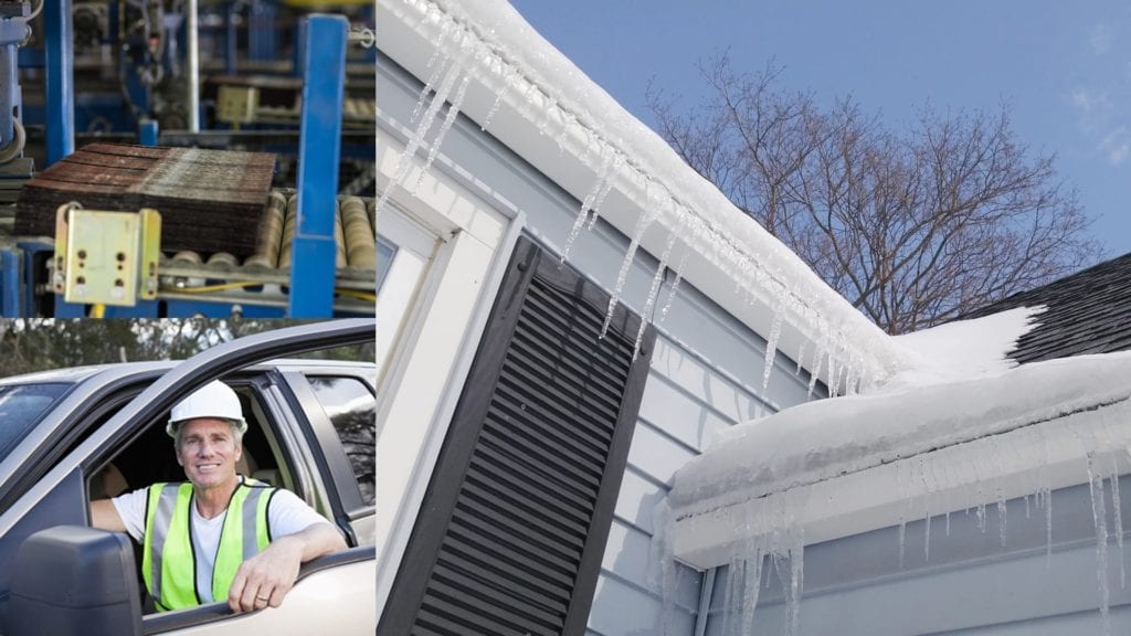 montage of contractor in truck, icicles, and shingle manufacturing